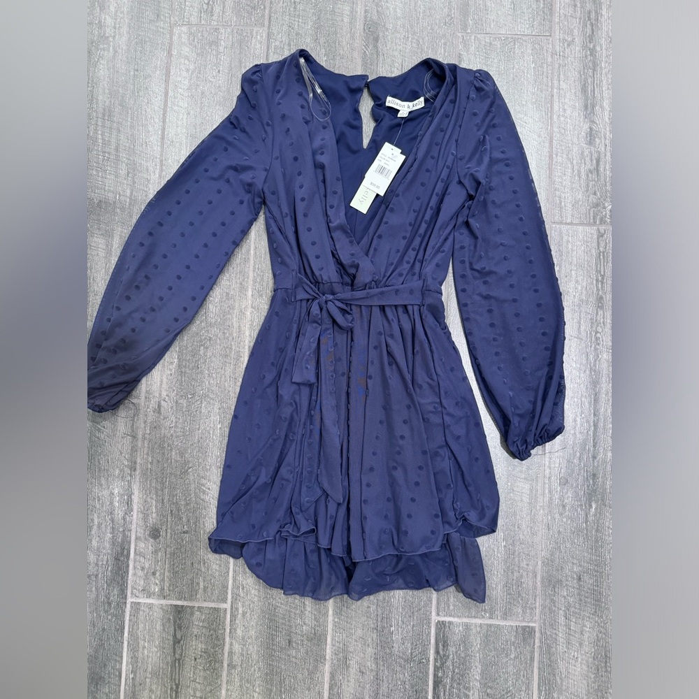 Allison & Kelly Juniors Small Long Sleeve‎ Navy Sheer Polka Dot Wrap Dress NWT